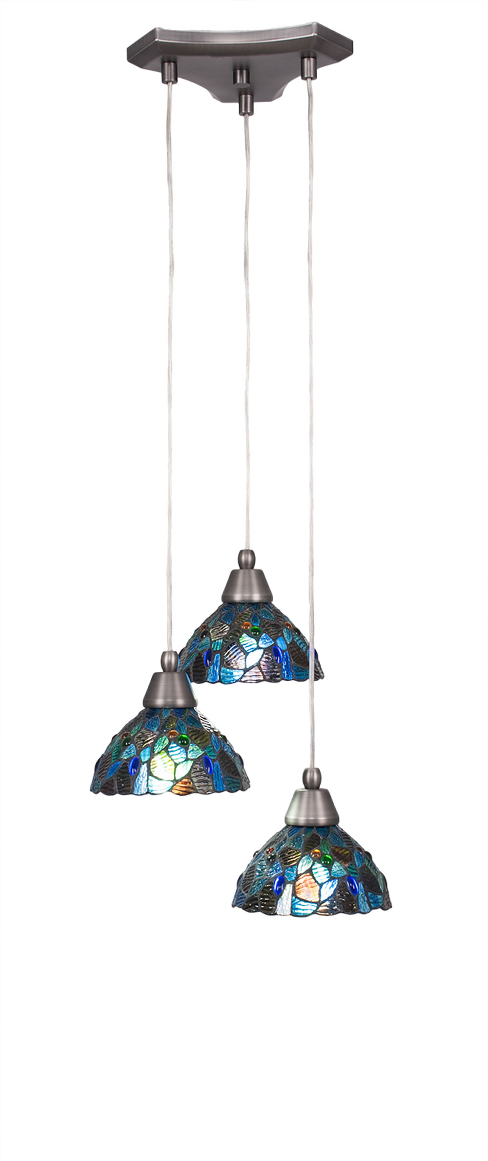 Europa 3 Light Multi Light Mini Pendant Shown In Brushed Nickel Finish With 7" Blue Mosaic Tiffany Glass