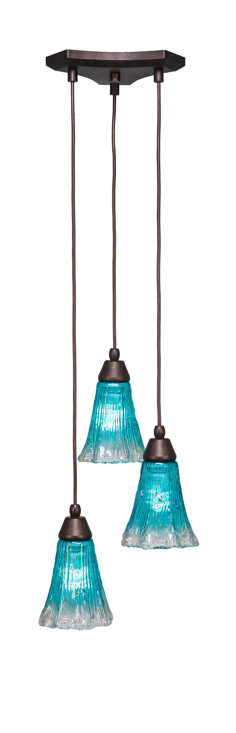 Europa 3 Light Multi Light Mini Pendant Shown In Bronze Finish With 5.5" Fluted Teal Crystal Glass