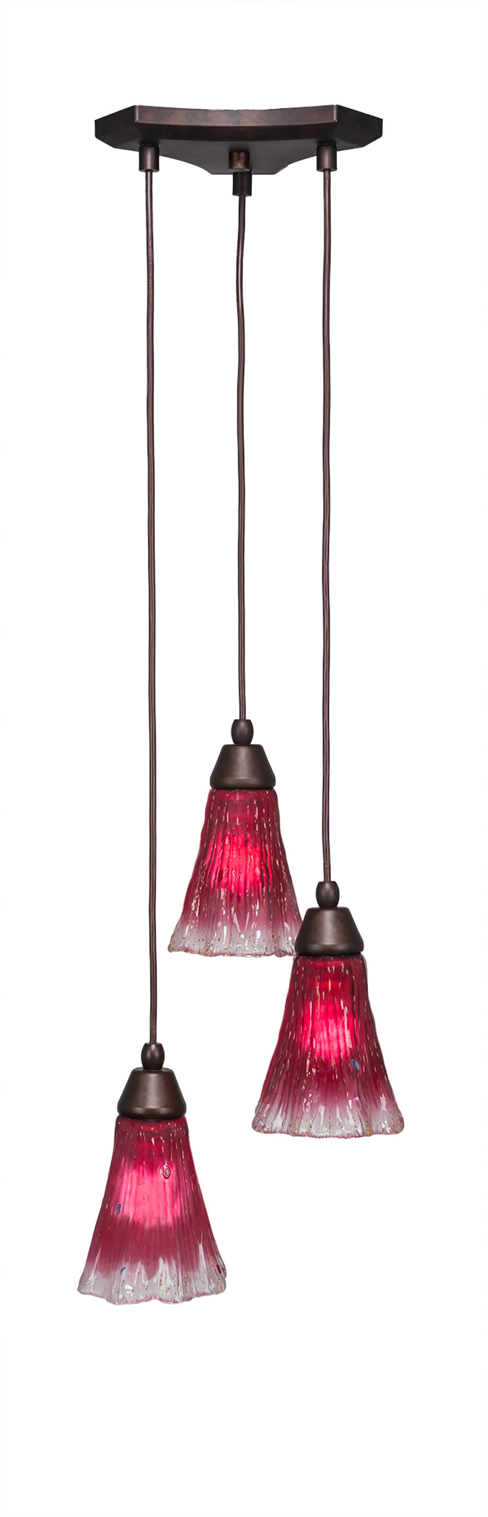 Europa 3 Light Multi Light Mini Pendant Shown In Bronze Finish With 5.5" Fluted Raspberry Crystal Glass