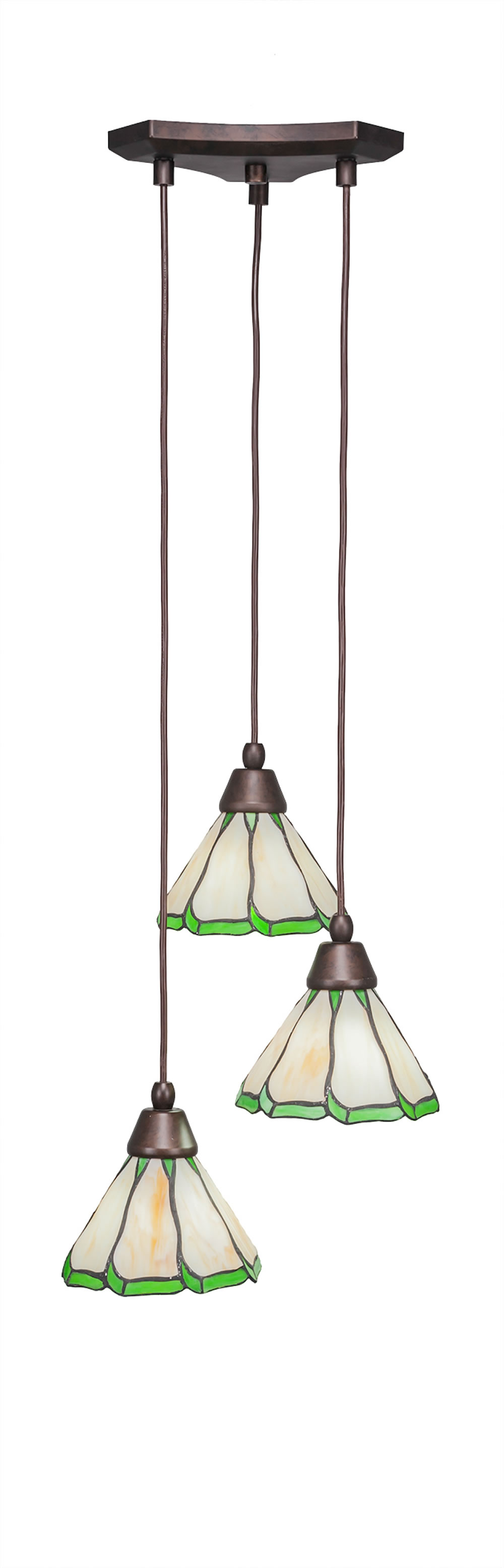 Europa 3 Light Multi Light Mini Pendant Shown In Bronze Finish With 7" Honey & Hunter Green Flair Tiffany Glass