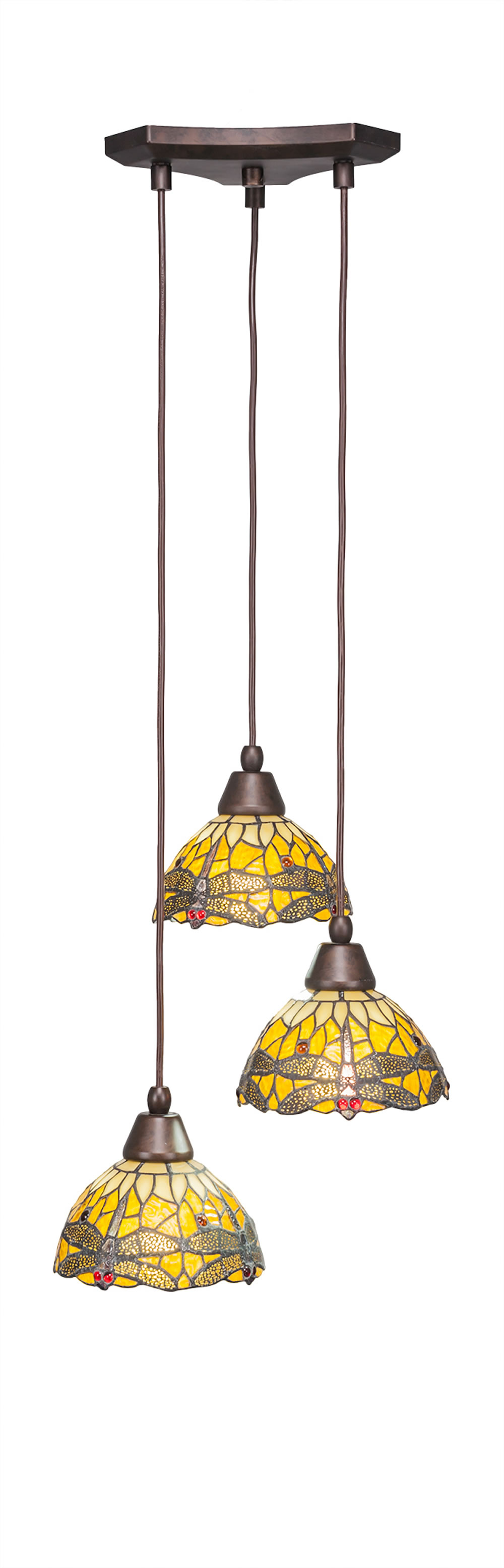 Europa 3 Light Multi Light Mini Pendant Shown In Bronze Finish With 7" Amber Dragonfly Tiffany Glass