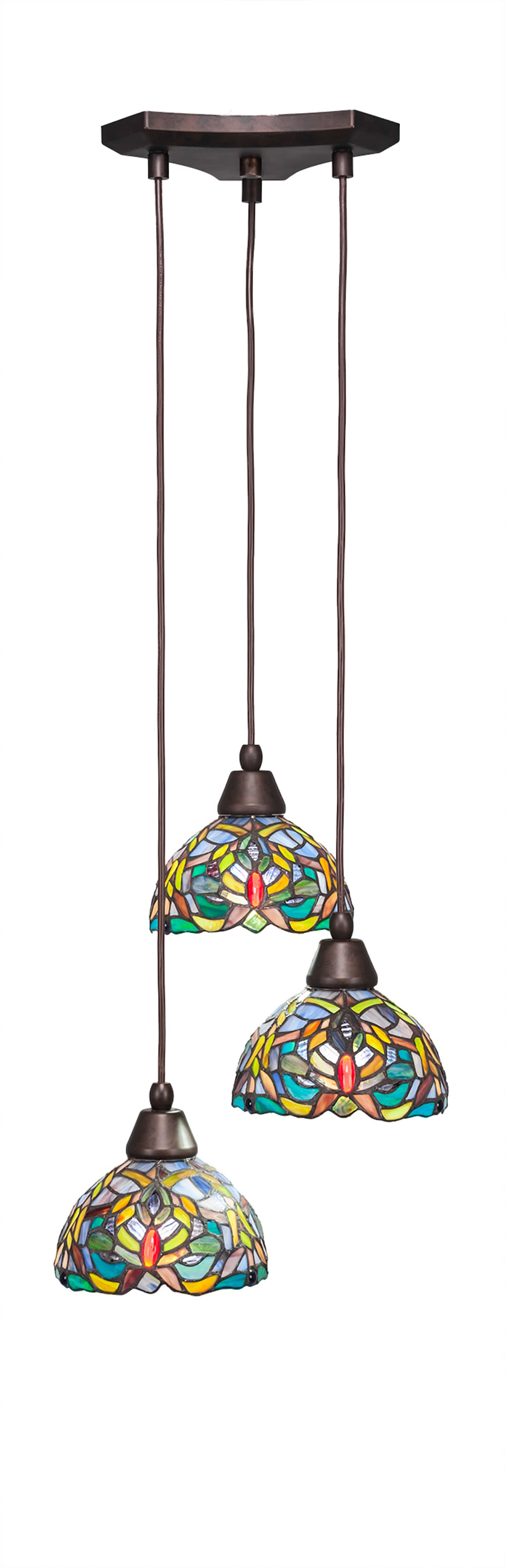 Europa 3 Light Multi Light Mini Pendant Shown In Bronze Finish With 7" Kaleidoscope Tiffany Glass