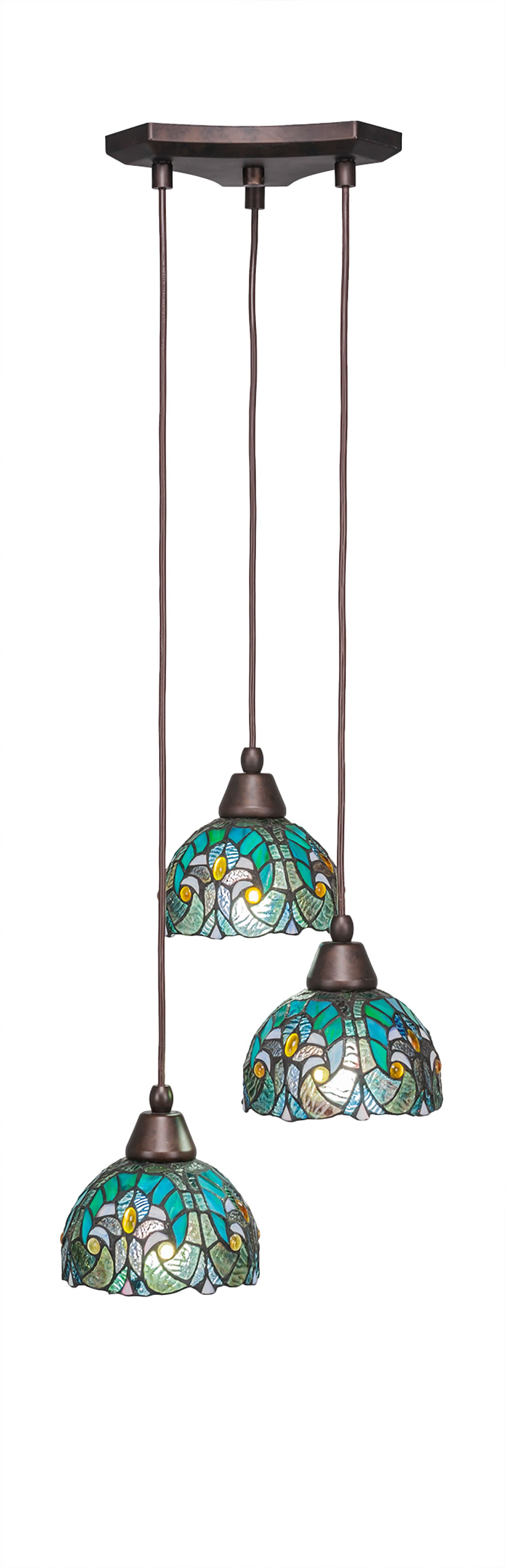 Europa 3 Light Multi Light Mini Pendant Shown In Bronze Finish With 7" Turquoise Cypress Tiffany Glass