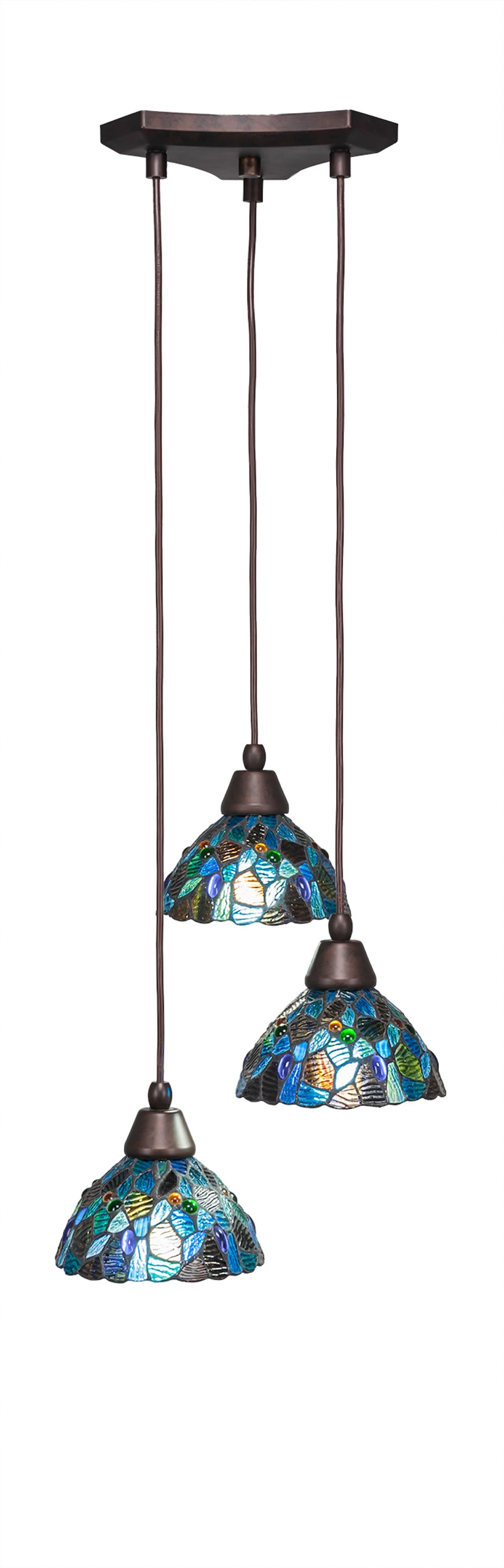 Europa 3 Light Multi Light Mini Pendant Shown In Bronze Finish With 7" Blue Mosaic Tiffany Glass