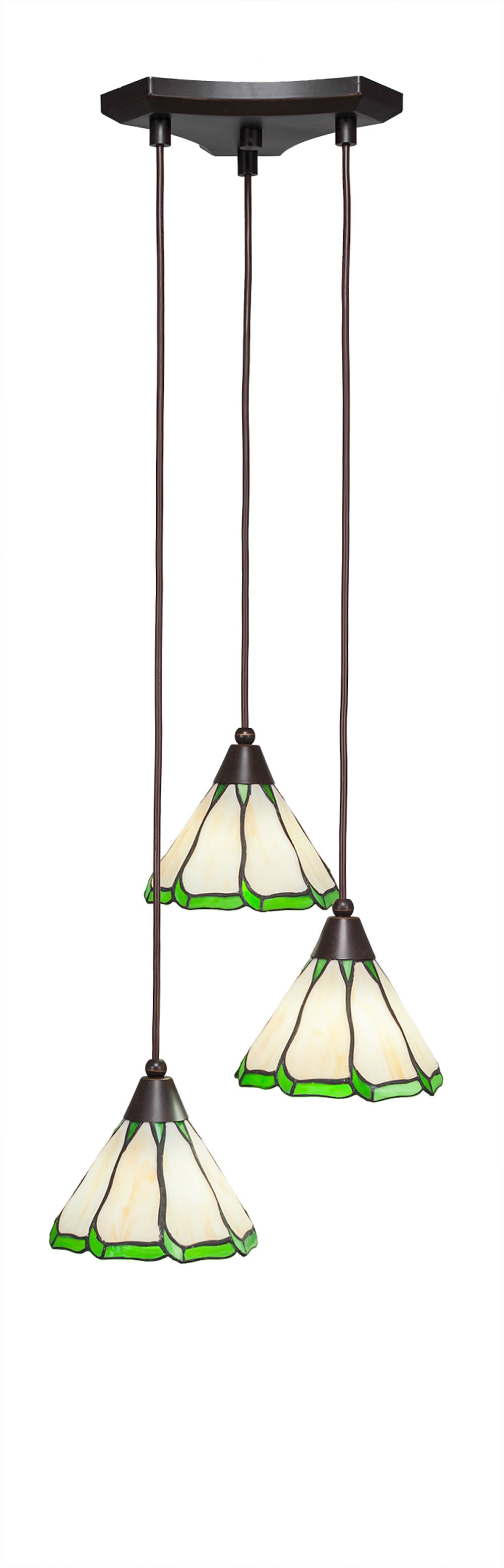 Europa 3 Light Multi Light Mini Pendant Shown In Dark Granite Finish With 7" Honey & Hunter Green Flair Tiffany Glass
