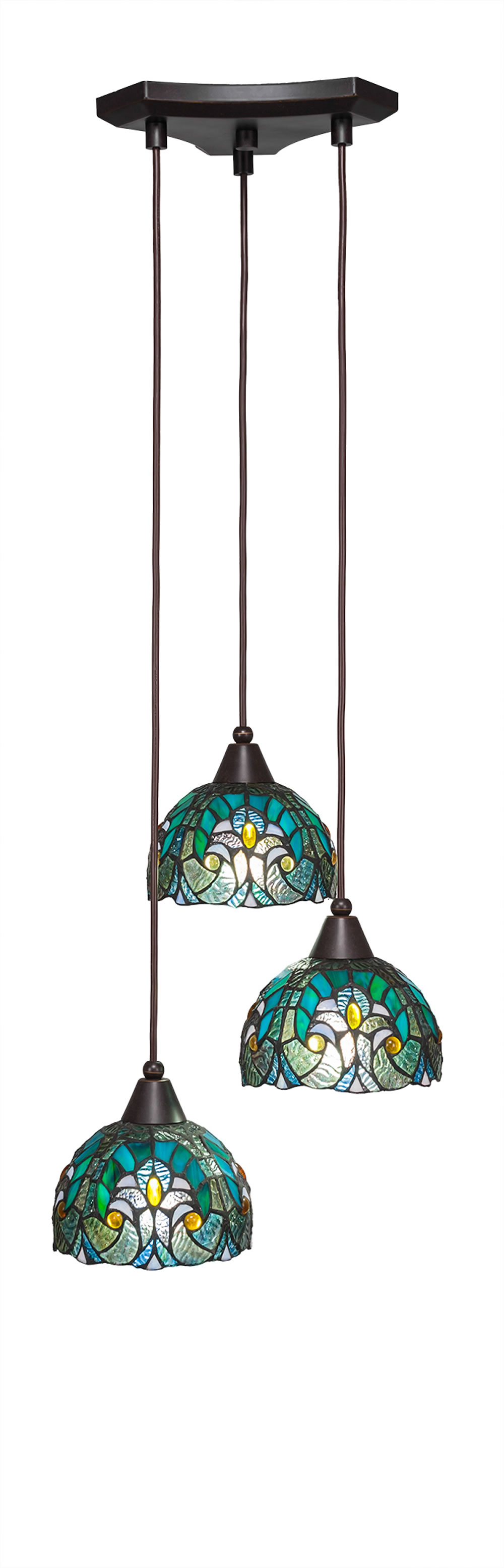 Europa 3 Light Multi Light Mini Pendant Shown In Dark Granite Finish With 7" Turquoise Cypress Tiffany Glass