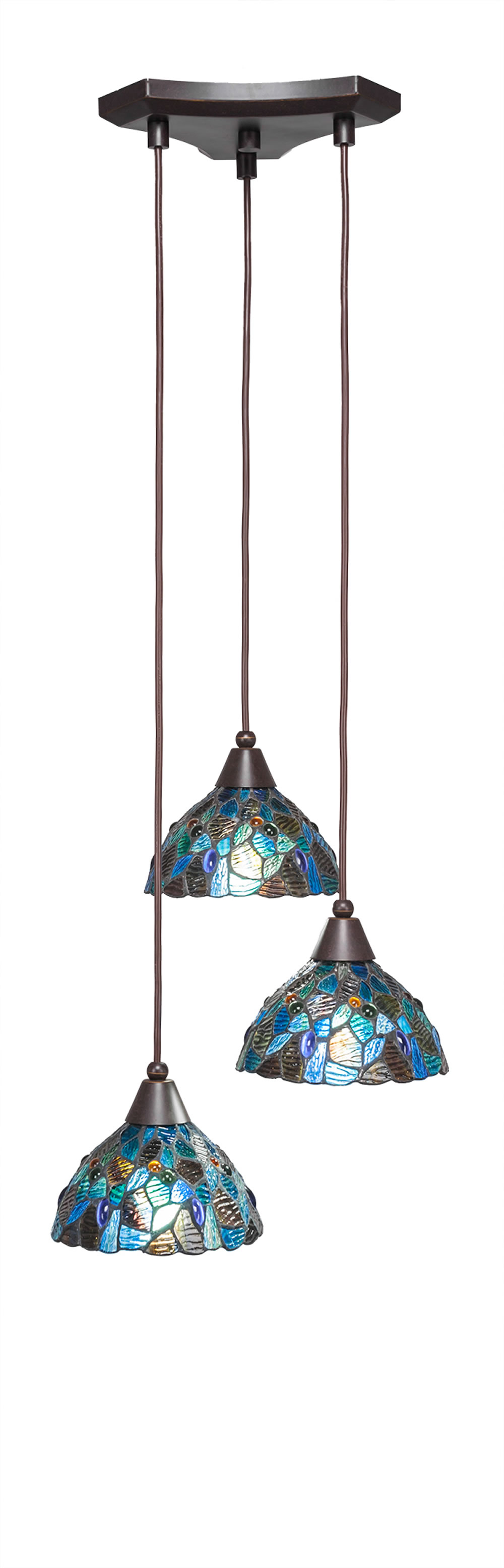 Europa 3 Light Multi Light Mini Pendant Shown In Dark Granite Finish With 7" Blue Mosaic Tiffany Glass