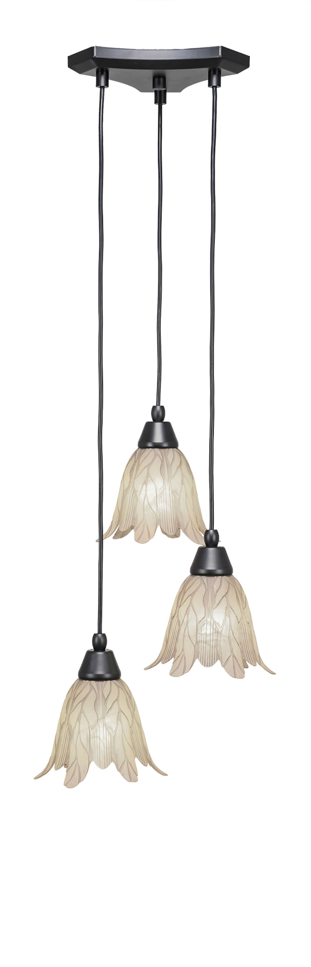 Europa 3 Light Multi Light Mini Pendant Shown In Matte Black Finish With 7" Vanilla Leaf Glass