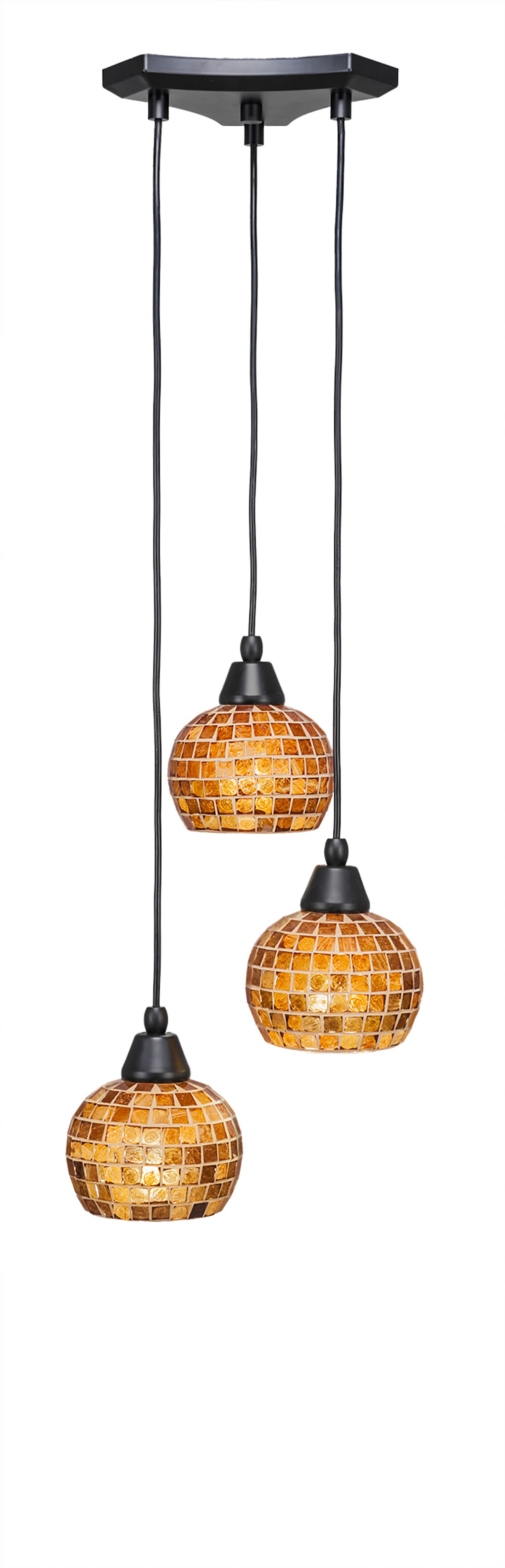 Europa 3 Light Multi Light Mini Pendant Shown In Matte Black Finish With 6" Copper Mosaic Glass