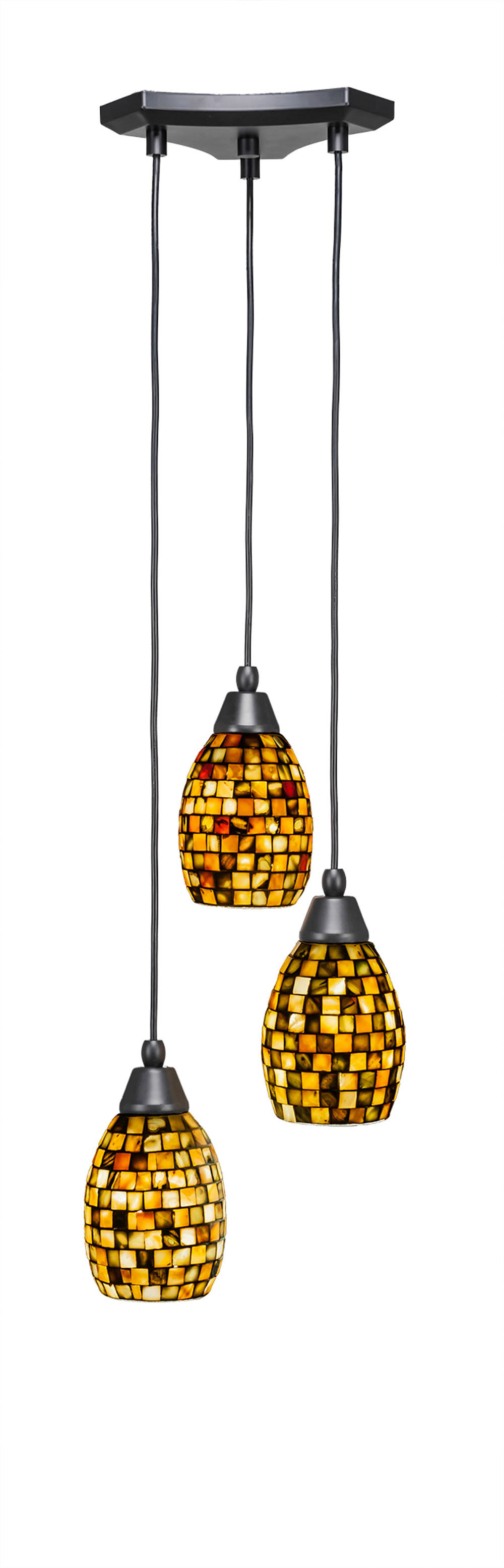 Europa 3 Light Multi Light Mini Pendant Shown In Matte Black Finish With 5" Sea Haze Seashell Glass