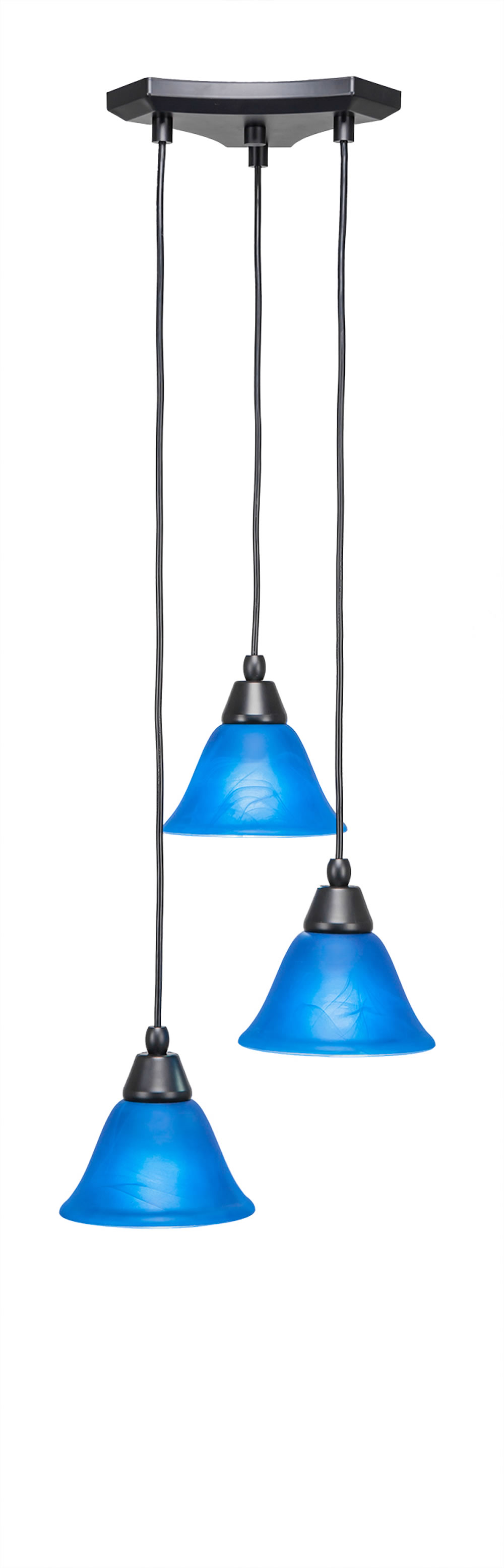 Europa 3 Light Multi Light Mini Pendant Shown In Matte Black Finish With 7" Blue Italian Glass
