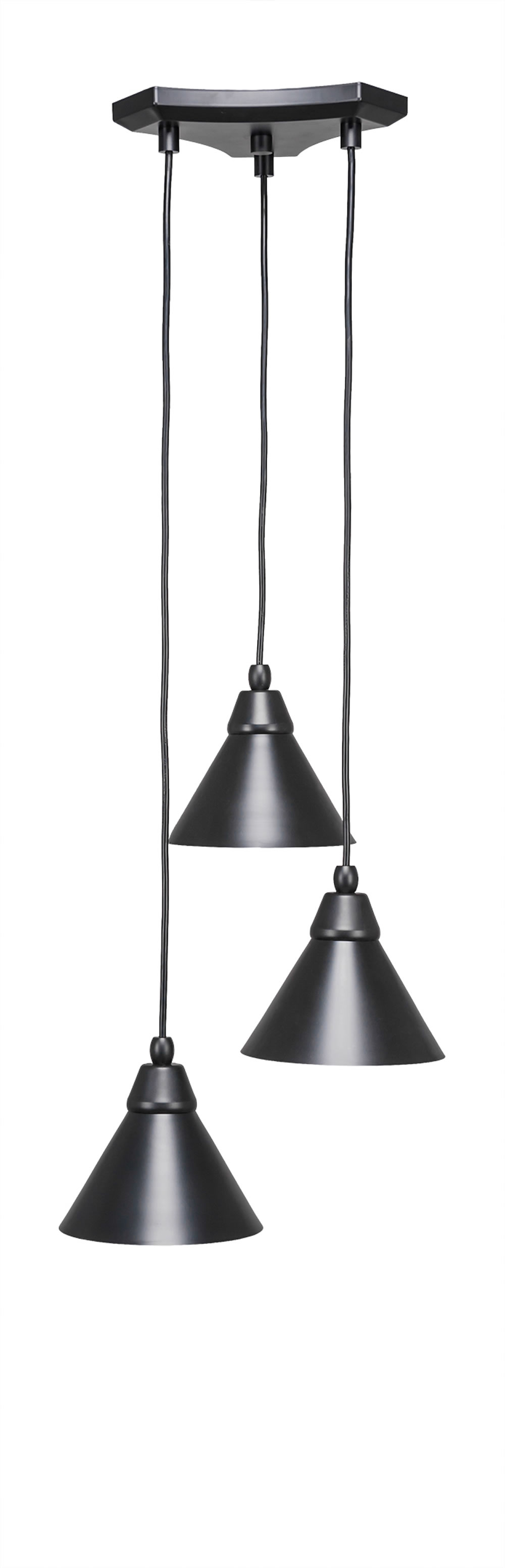 Europa 3 Light Multi Light Mini Pendant Shown In Matte Black Finish With 7" Matte Black Cone Metal Shade