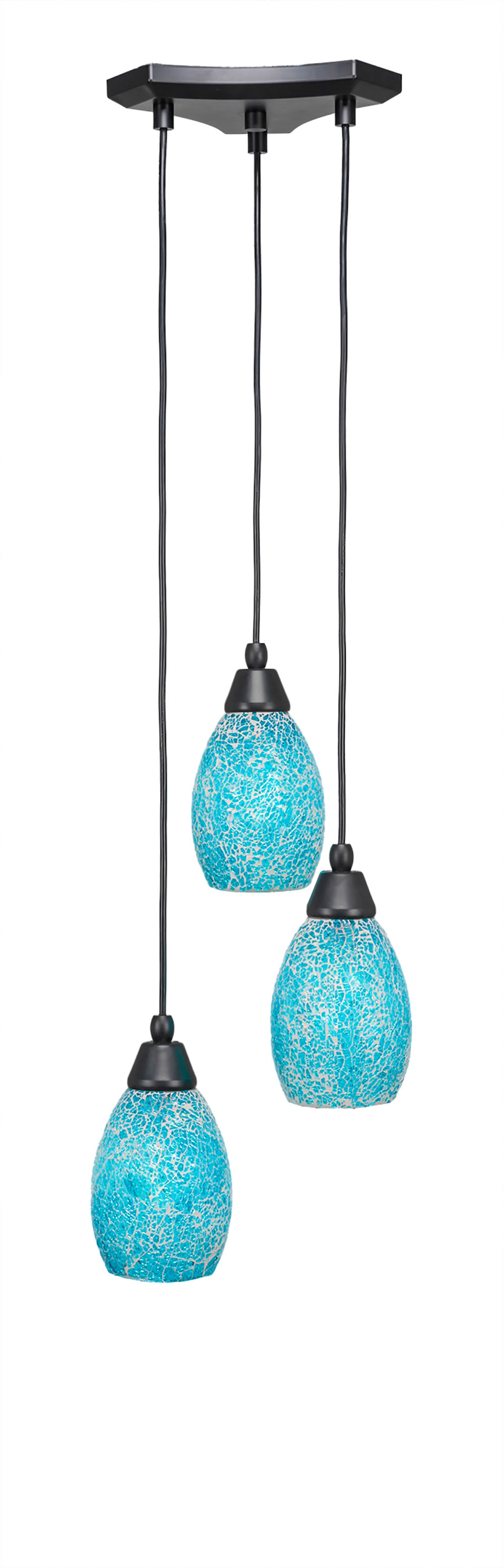 Europa 3 Light Multi Light Mini Pendant Shown In Matte Black Finish With 5" Turquoise Fusion Glass