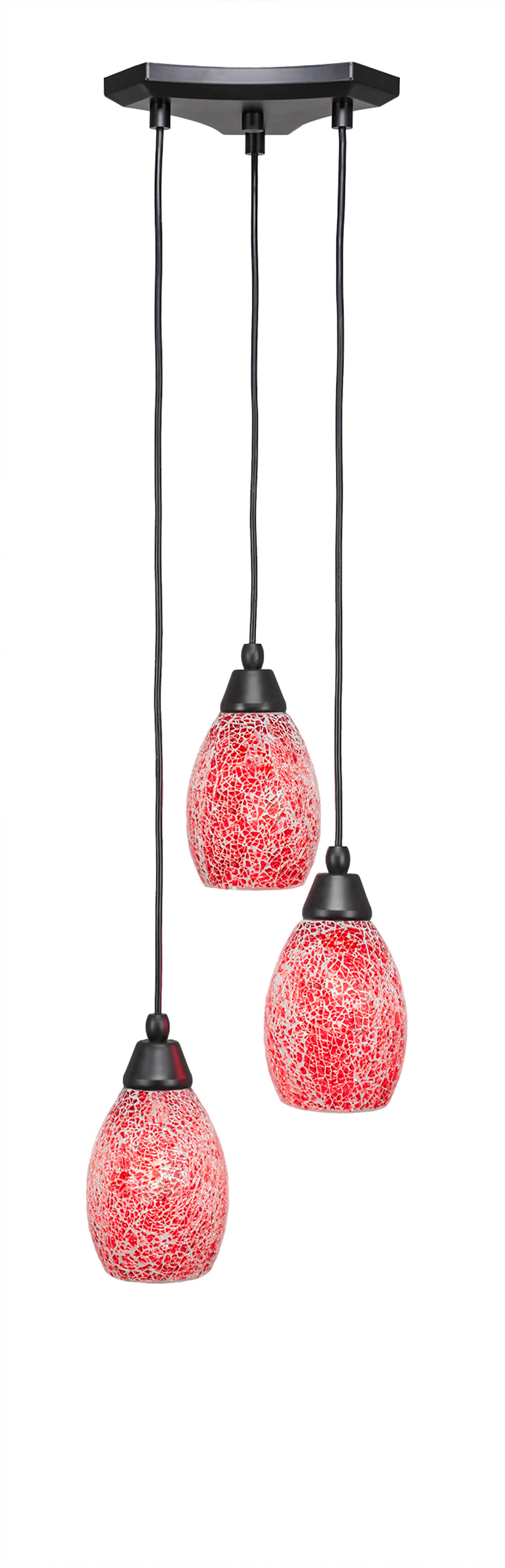 Europa 3 Light Multi Light Mini Pendant Shown In Matte Black Finish With 5" Red Fusion Glass