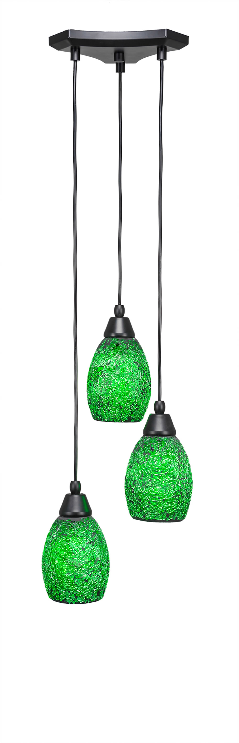 Europa 3 Light Multi Light Mini Pendant Shown In Matte Black Finish With 5" Green Fusion Glass