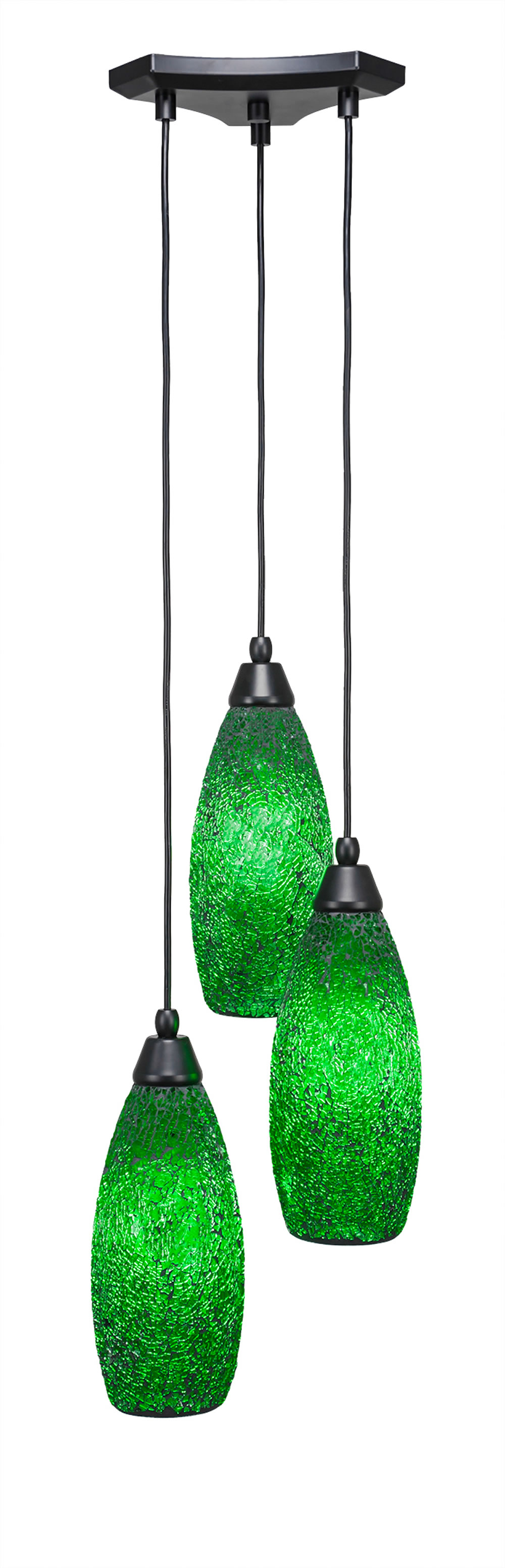 Europa 3 Light Multi Light Mini Pendant Shown In Matte Black Finish With 5.5" Green Fusion Glass