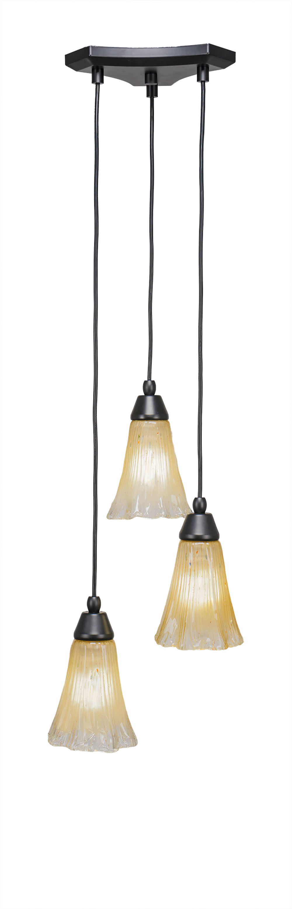 Europa 3 Light Multi Light Mini Pendant Shown In Matte Black Finish With 5.5" Fluted Amber Crystal Glass