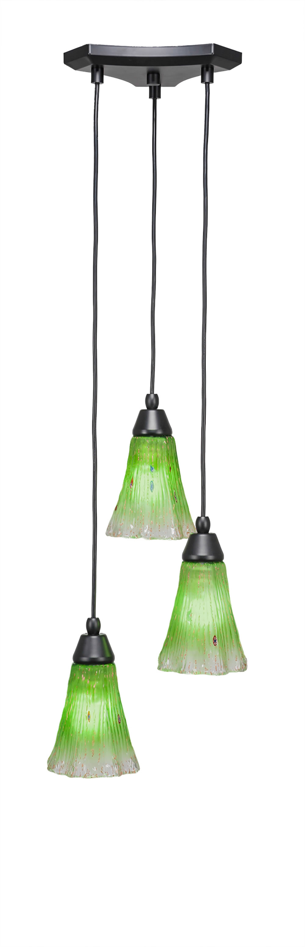 Europa 3 Light Multi Light Mini Pendant Shown In Matte Black Finish With 5.5" Fluted Kiwi Green Crystal Glass