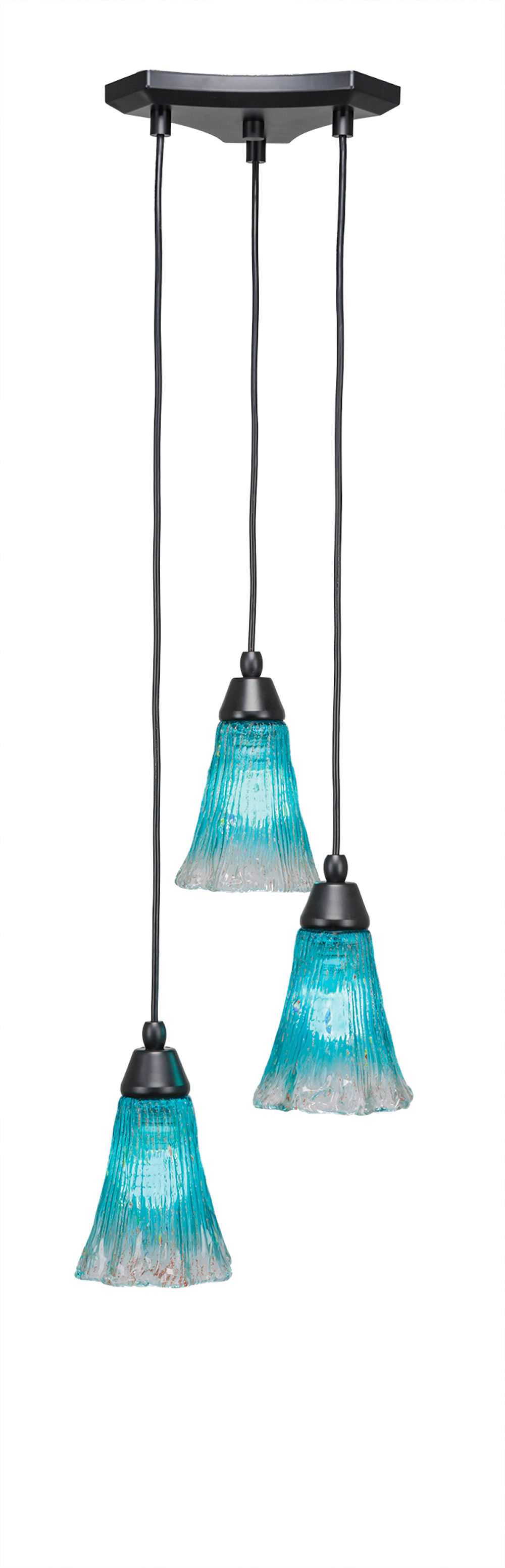 Europa 3 Light Multi Light Mini Pendant Shown In Matte Black Finish With 5.5" Fluted Teal Crystal Glass