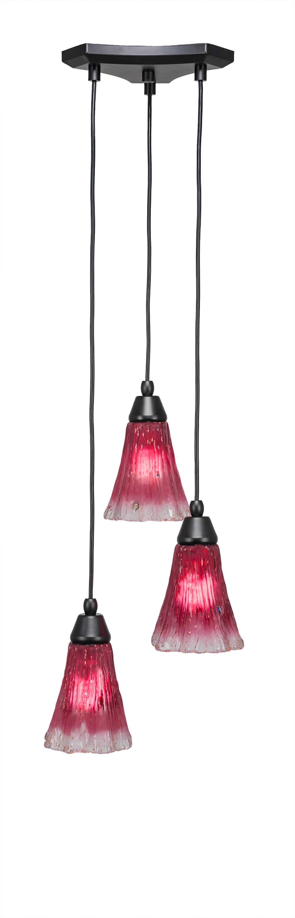 Europa 3 Light Multi Light Mini Pendant Shown In Matte Black Finish With 5.5" Fluted Raspberry Crystal Glass