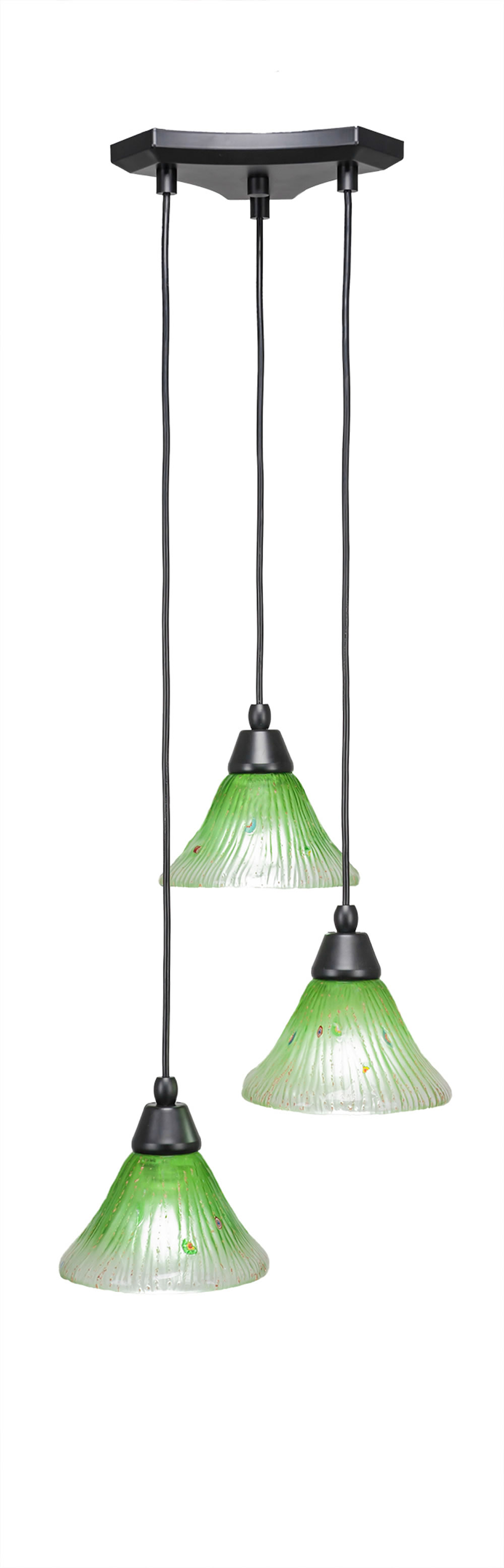 Europa 3 Light Multi Light Mini Pendant Shown In Matte Black Finish With 7" Kiwi Green Crystal Glass