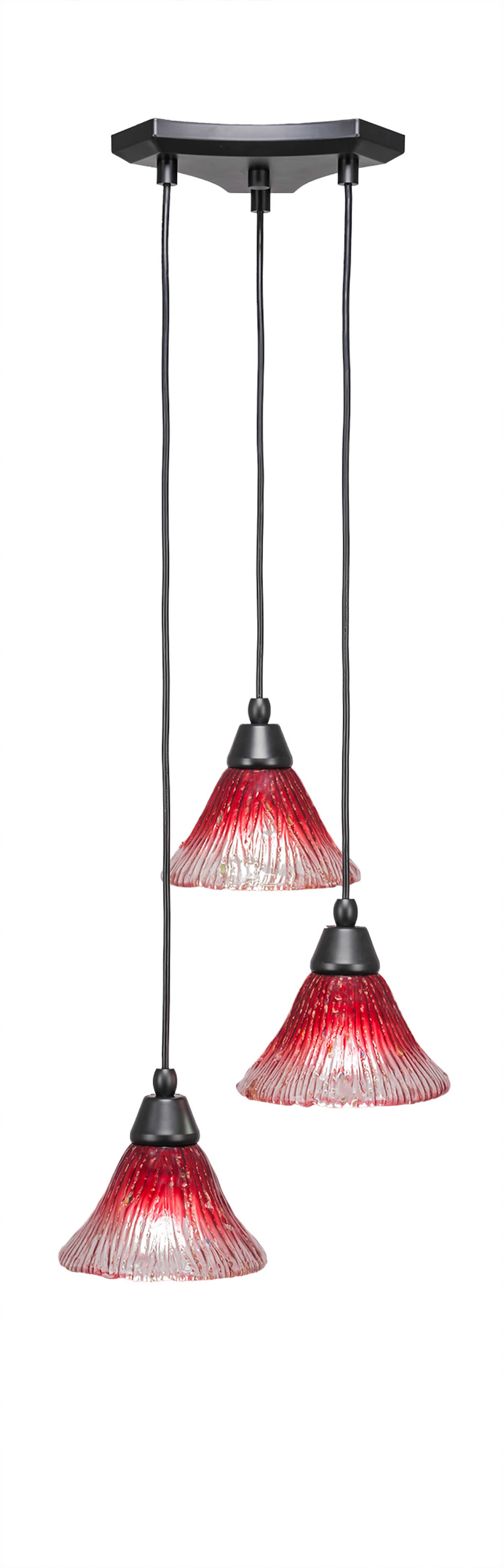Europa 3 Light Multi Light Mini Pendant Shown In Matte Black Finish With 7" Raspberry Crystal Glass