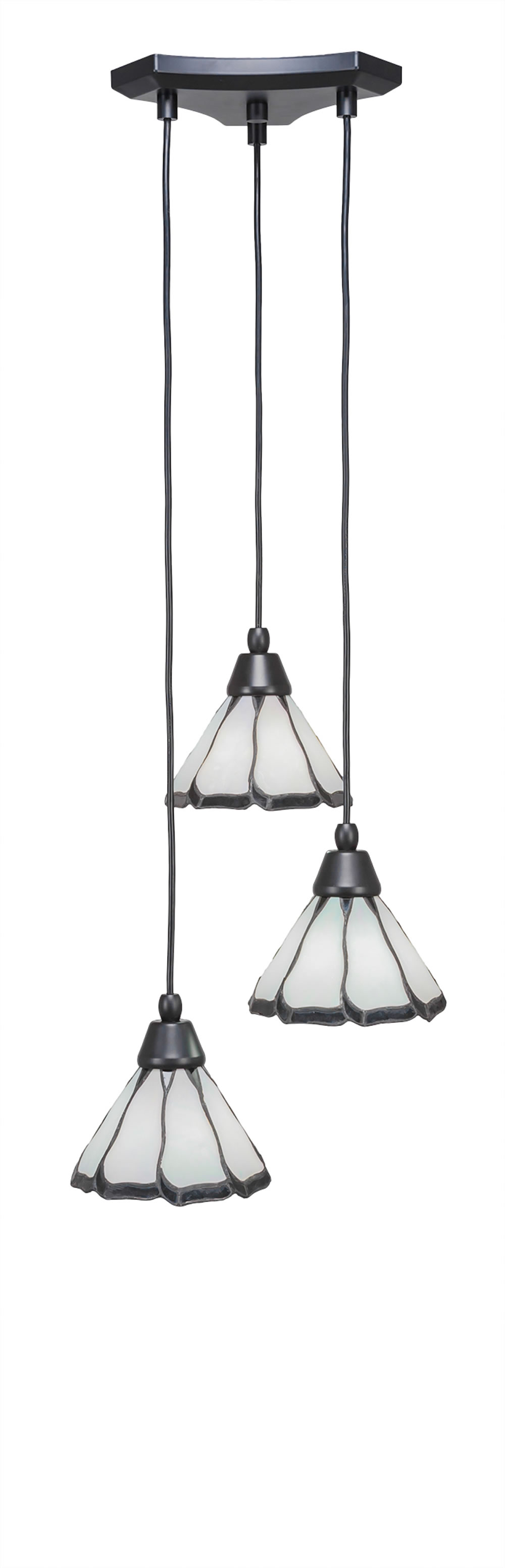 Europa 3 Light Multi Light Mini Pendant Shown In Matte Black Finish With 7" Pearl & Black Flair Tiffany Glass