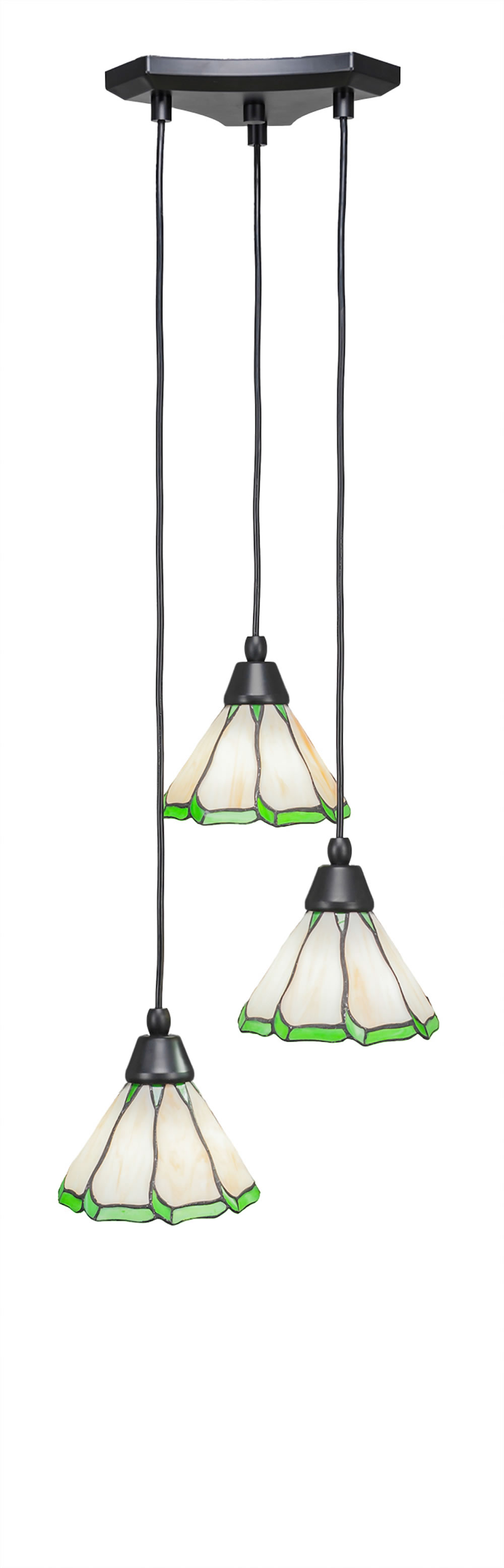 Europa 3 Light Multi Light Mini Pendant Shown In Matte Black Finish With 7" Honey & Hunter Green Flair Tiffany Glass