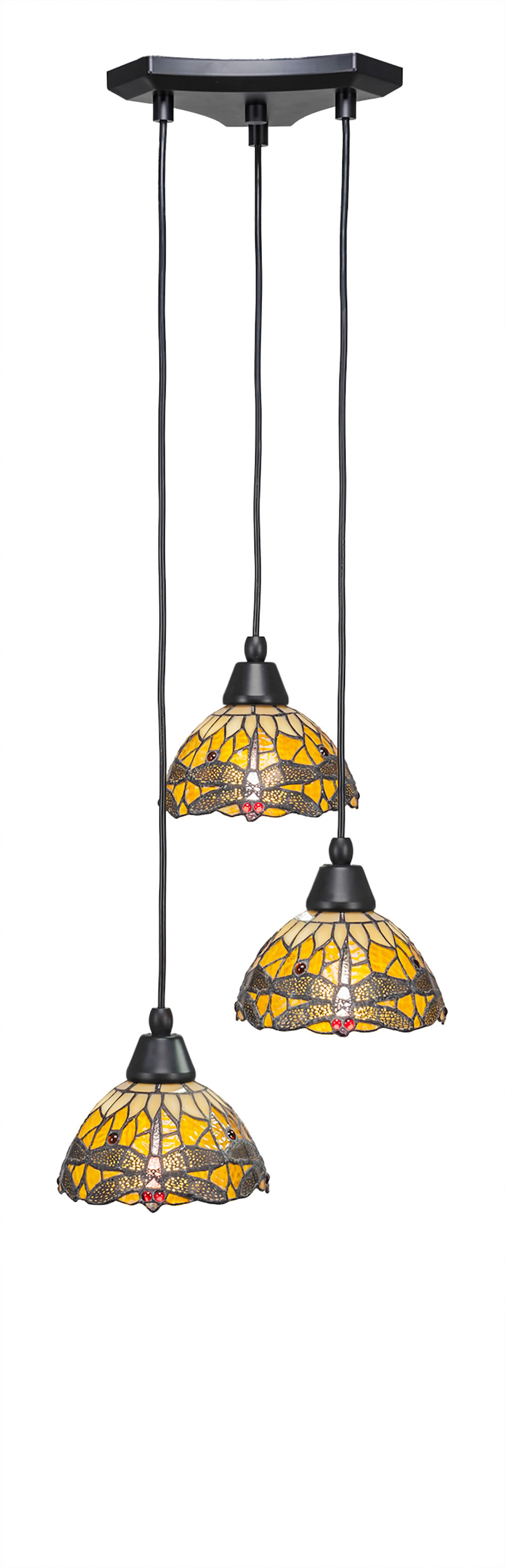Europa 3 Light Multi Light Mini Pendant Shown In Matte Black Finish With 7" Amber Dragonfly Tiffany Glass