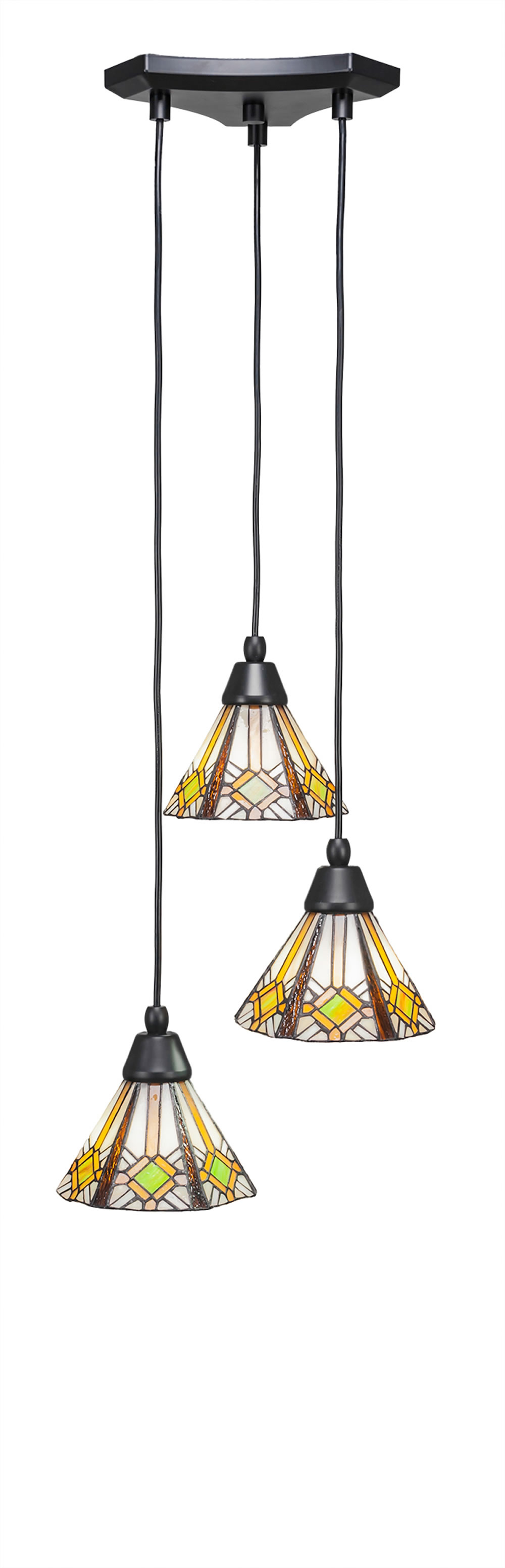 Europa 3 Light Multi Light Mini Pendant Shown In Matte Black Finish With 7" Hampton Tiffany Glass