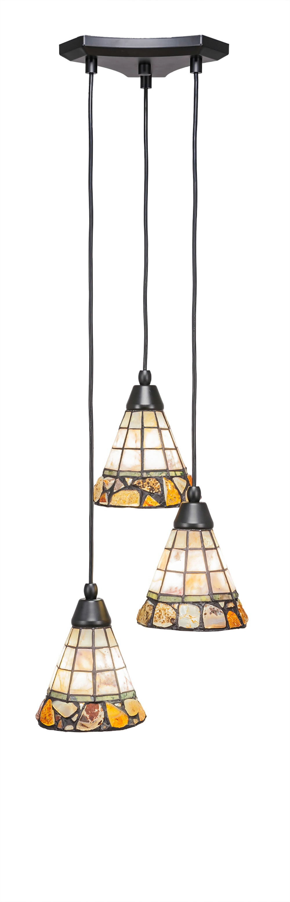 Europa 3 Light Multi Light Mini Pendant Shown In Matte Black Finish With 7" Cobblestone Tiffany Glass