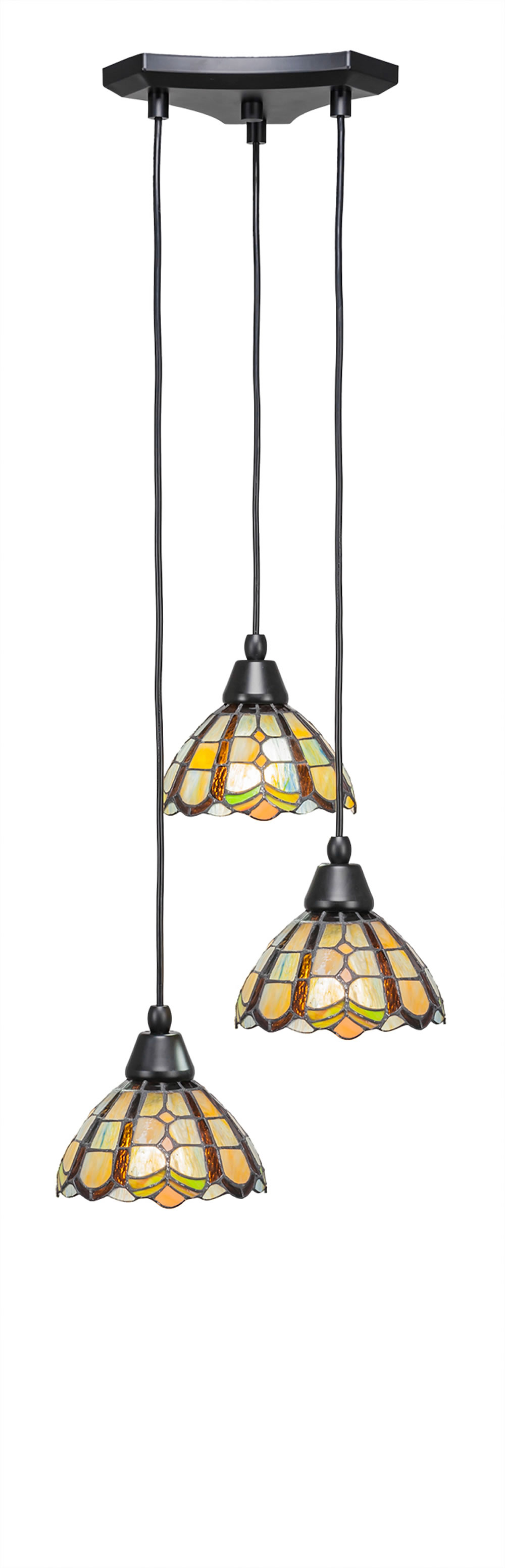 Europa 3 Light Multi Light Mini Pendant Shown In Matte Black Finish With 7" Paradise Tiffany Glass
