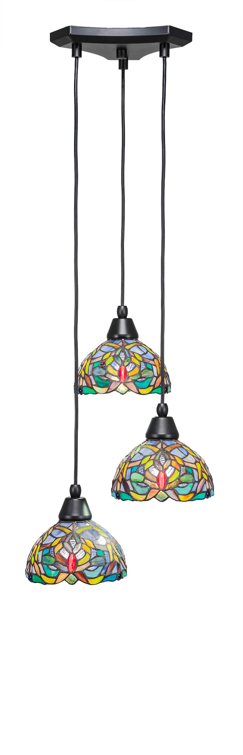 Europa 3 Light Multi Light Mini Pendant Shown In Matte Black Finish With 7" Kaleidoscope Tiffany Glass