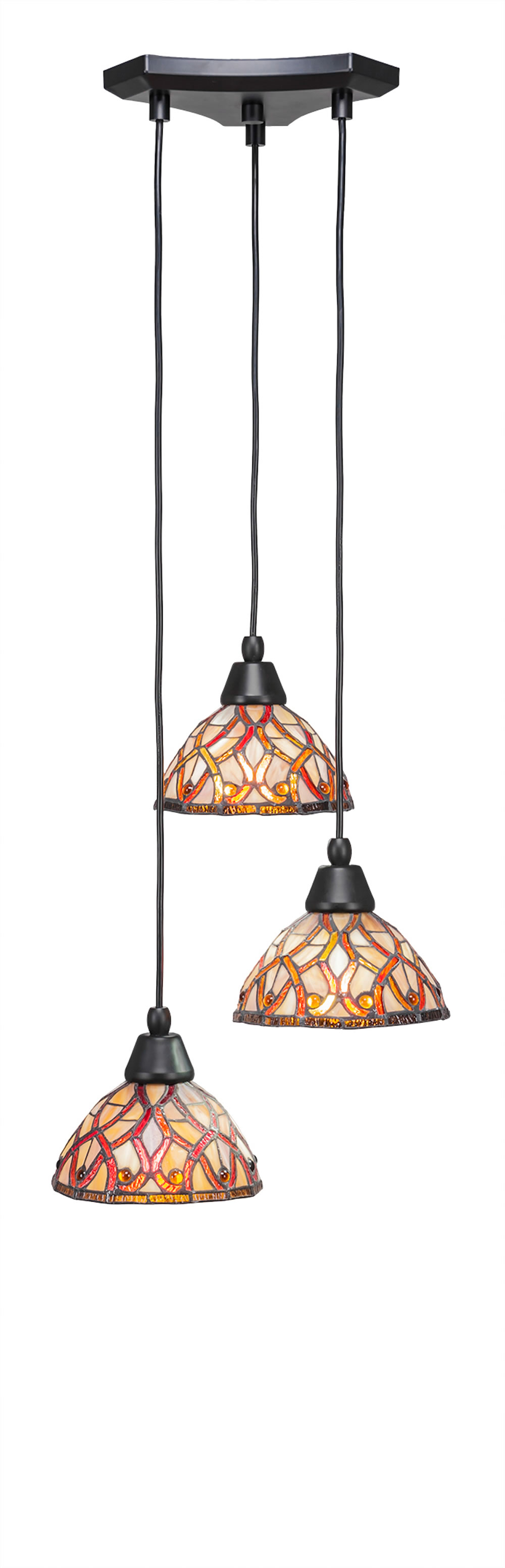 Europa 3 Light Multi Light Mini Pendant Shown In Matte Black Finish With 7" Persian Nites Tiffany Glass