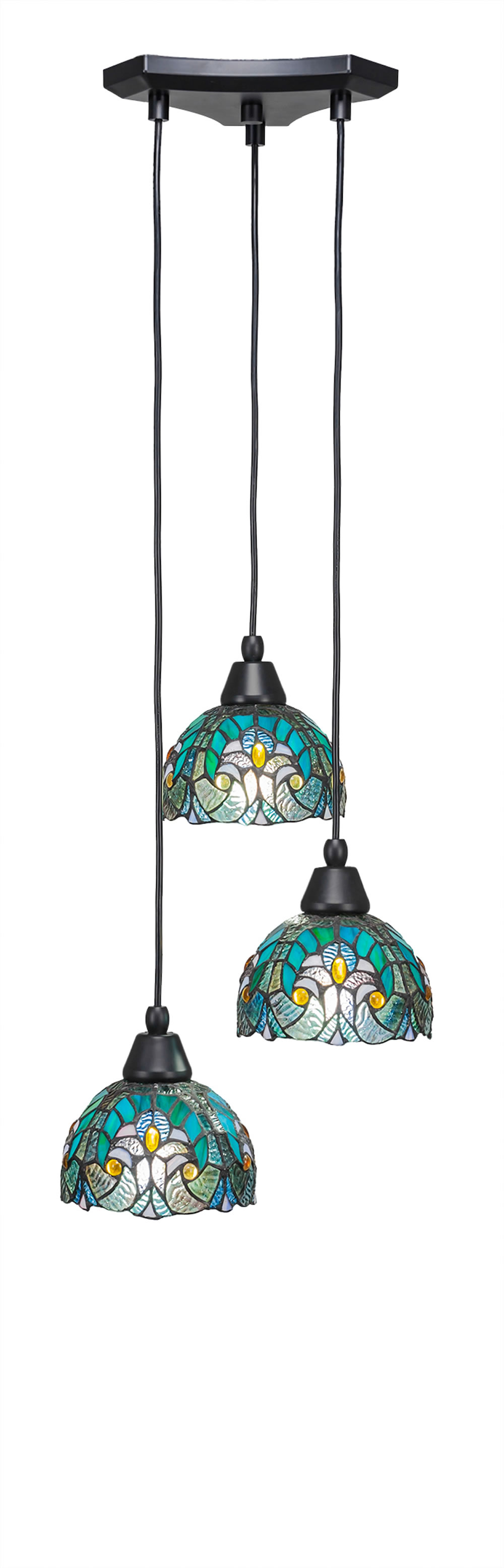 Europa 3 Light Multi Light Mini Pendant Shown In Matte Black Finish With 7" Turquoise Cypress Tiffany Glass