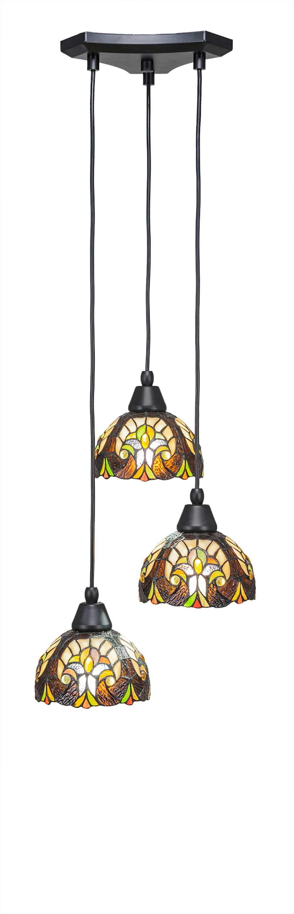 Europa 3 Light Multi Light Mini Pendant Shown In Matte Black Finish With 7" Ivory Cypress Tiffany Glass