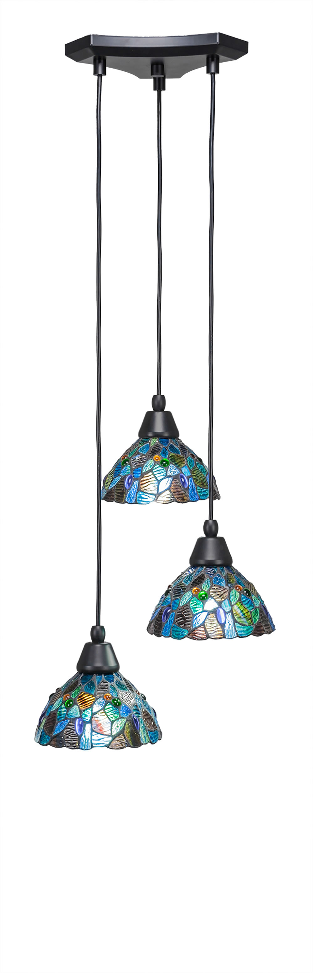 Europa 3 Light Multi Light Mini Pendant Shown In Matte Black Finish With 7" Blue Mosaic Tiffany Glass