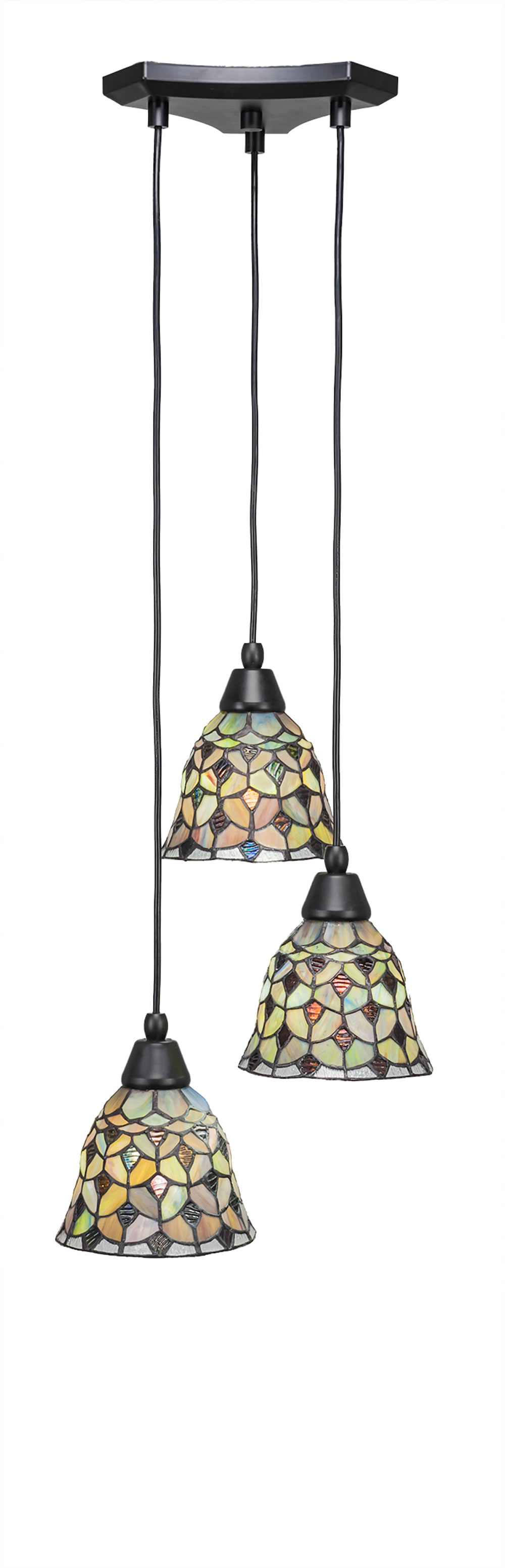 Europa 3 Light Multi Light Mini Pendant Shown In Matte Black Finish With 7" Crescent Tiffany Glass