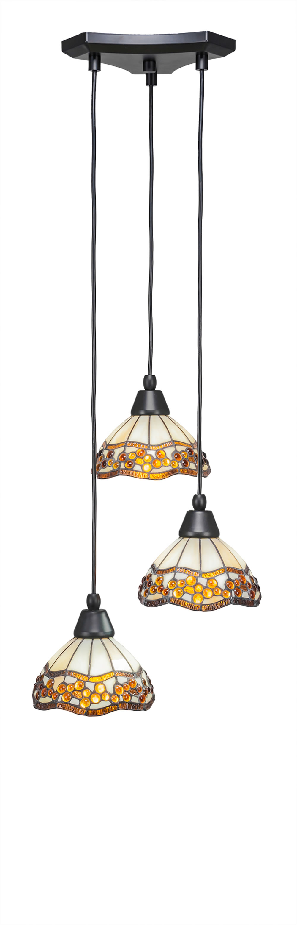 Europa 3 Light Multi Light Mini Pendant Shown In Matte Black Finish With 7" Roman Jewel Tiffany Glass