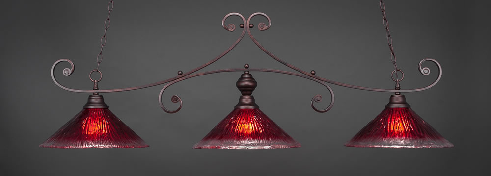 Curl 3 Light Billiard Light Shown In Bronze Finish With 16" Raspberry Crystal Glass