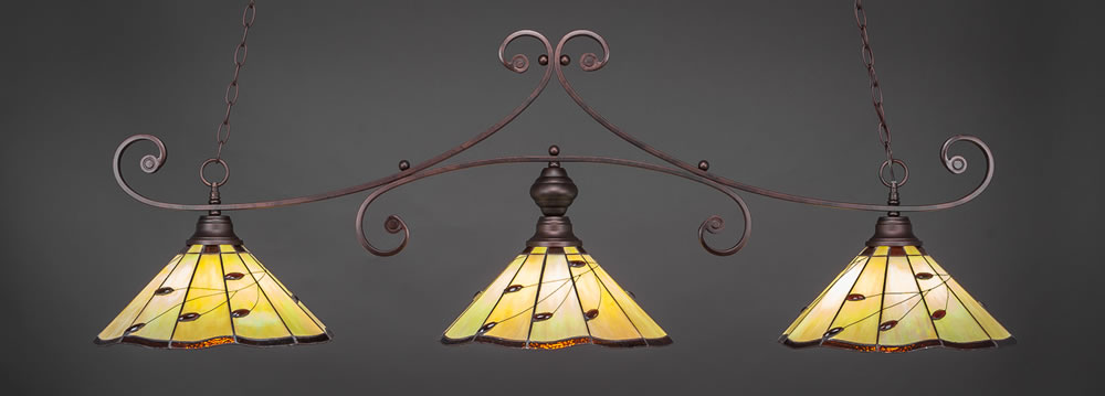 Curl 3 Light Billiard Light Shown In Bronze Finish With 16" Autumn Leaves Tiffany Glass