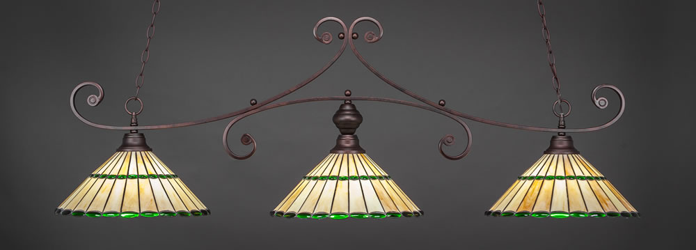 Curl 3 Light Billiard Light Shown In Bronze Finish With 15.5" Honey Glass & Green Jewels Tiffany Glass