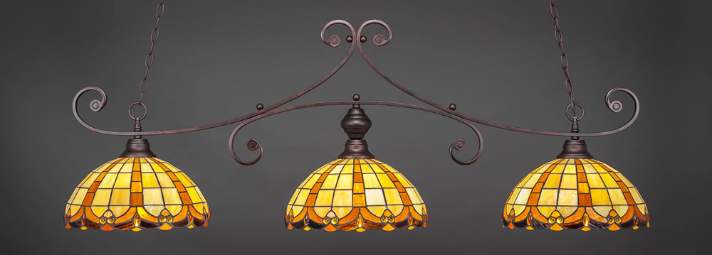 Curl 3 Light Billiard Light Shown In Bronze Finish With 14.5" Butterscotch Tiffany Glass
