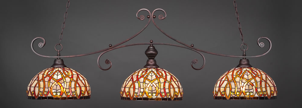 Curl 3 Light Billiard Light Shown In Bronze Finish With 15" Persian Nites Tiffany Glass