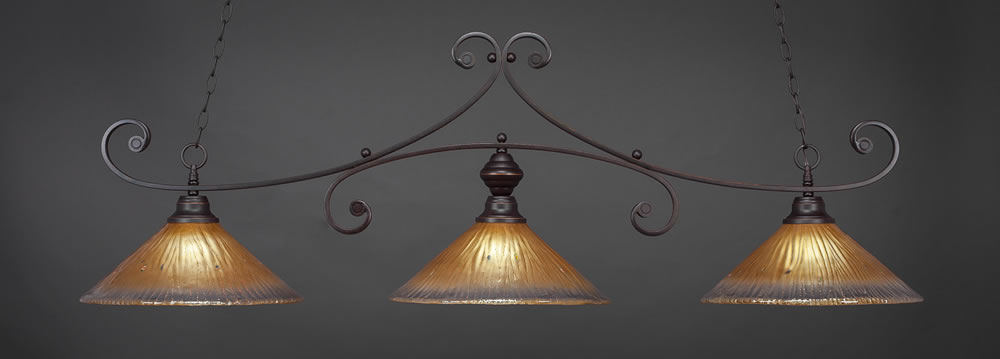 Curl 3 Light Billiard Light Shown In Dark Granite Finish With 16" Amber Crystal Glass
