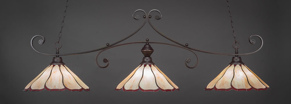 Curl 3 Light Bar Shown In Dark Granite Finish With 16" Honey & Burgundy Flair Tiffany Glass