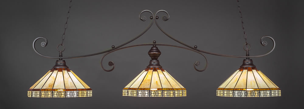 Curl 3 Light Bar Shown In Dark Granite Finish With 15" Honey & Brown Mission Tiffany Glass