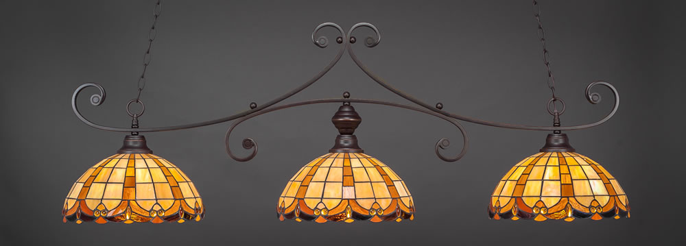 Curl 3 Light Billiard Light Shown In Dark Granite Finish With 14.5" Butterscotch Tiffany Glass