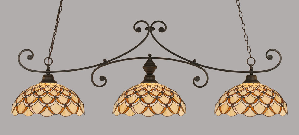 Curl 3 Light Billiard Light Shown In Dark Granite Finish With 16" Honey & Brown Scallop Tiffany Glass