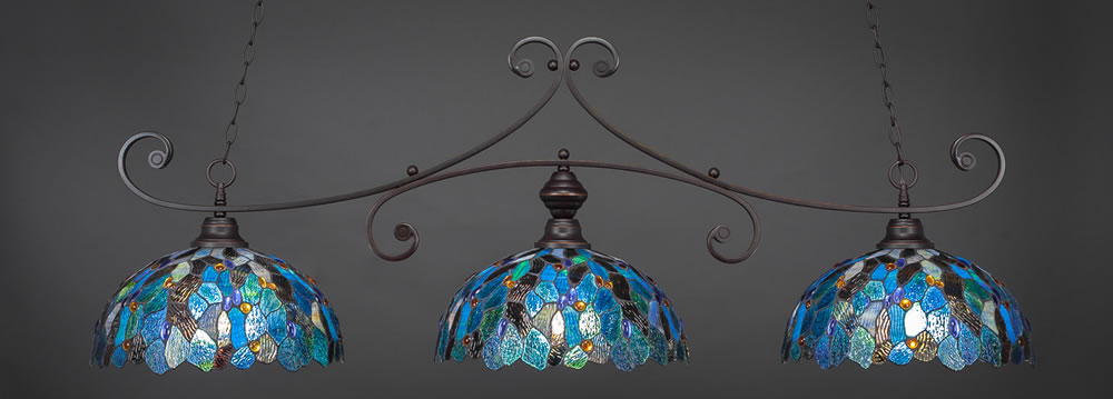 Curl 3 Light Billiard Light Shown In Dark Granite Finish With 16" Blue Mosaic Tiffany Glass